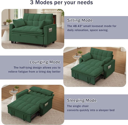 3 in 1 Convertible Sleeper Sofa Bed, 48" Pull Out Couches, Modern Loveseat Sleeper Sofa with Adjustable Reclining Backrest & Side Pockets for Living Room, Green