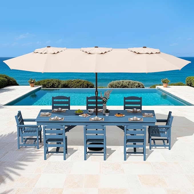 SERWALL 9 Piece 84" HDPE Outdoor Dining Set with 6 Armless Chairs, 2 Armchairs and Umbrella Hole for 8, Blue