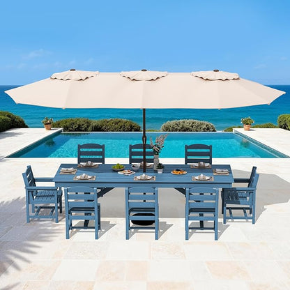 SERWALL 9 Piece 84" HDPE Outdoor Dining Set with 6 Armless Chairs, 2 Armchairs and Umbrella Hole for 8, Blue