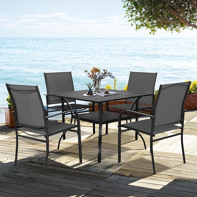 SUNCROWN 6 - Piece Outdoor Dining Set, Patio Furniture Set with 4 Textilene Dinning Chairs, 1 Steel Slat Metal Bistro Table and 1 Dark Blue 9Ft Patio Umbrella for Lawn Garden Backyard Deck, Black