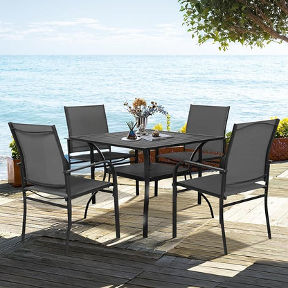 SUNCROWN 6 - Piece Outdoor Dining Set, Patio Furniture Set with 4 Textilene Dinning Chairs, 1 Steel Slat Metal Bistro Table and 1 Dark Blue 9Ft Patio Umbrella for Lawn Garden Backyard Deck, Black