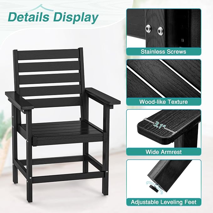 Patio Dining Chairs Set of 2, HDPE Weather Resistant Outdoor Chairs with Armrest, Heavy Duty 300LBS Support Patio Chairs for Backyard Deck Porch Balcony, Black