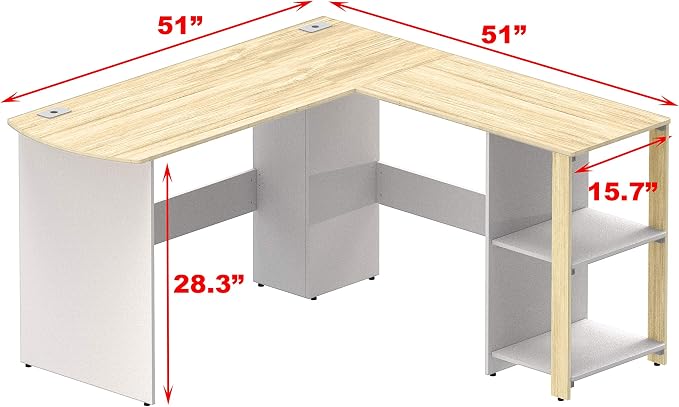 SHW 51 x 51 Inches L-Shaped Home Office Wood Corner Desk wtih Storage, Oak