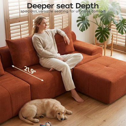 118" Sectional Boneless Oversize Modular Couches, Curved Cloud Sectional Sofa for Living Room, Corduroy L Shape Deep Seat Sofa with Ottoman, No Assembly Required,Terracotta Orange