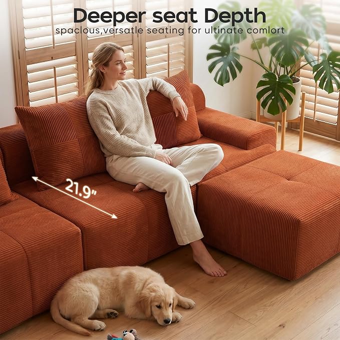 118" Sectional Boneless Oversize Modular Couches, Curved Cloud Sectional Sofa for Living Room, Corduroy U Shape Deep Seat Sofa with 2 Ottomans, No Assembly Required,Terracotta Orange