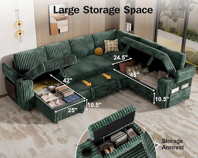 WEUP 111" Modular Sectional Sleeper Sofa with Pull Out Bed, 7 Seat Plush Corduroy L Shaped Couch with Storage Chaise|USB Ports|Cup Holders|Side Table|Storage Armrests, Tool Free Assembly, Green