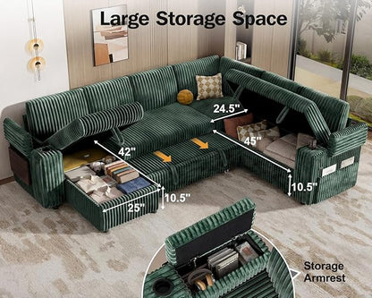 WEUP 111" Modular Sectional Sleeper Sofa with Pull Out Bed, 7 Seat Plush Corduroy L Shaped Couch with Storage Chaise|USB Ports|Cup Holders|Side Table|Storage Armrests, Tool Free Assembly, Green