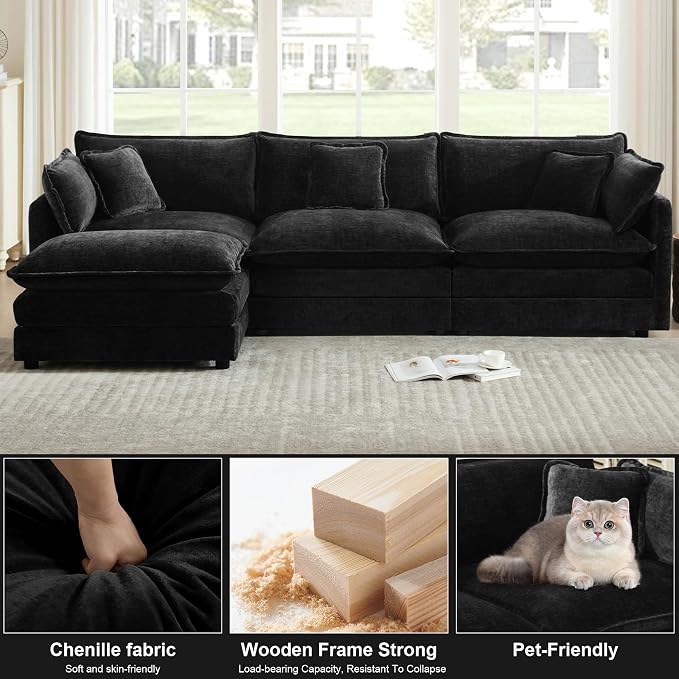 111.5" Modular Sectional Sofa, Large L Shaped Sectionals Cloud Couch, Big Comfy 3-Seat Couch with Ottoman, 4 Seater Chenille Sectional Sofa with Deep Seat and 5 Pillows for Living Room- Black