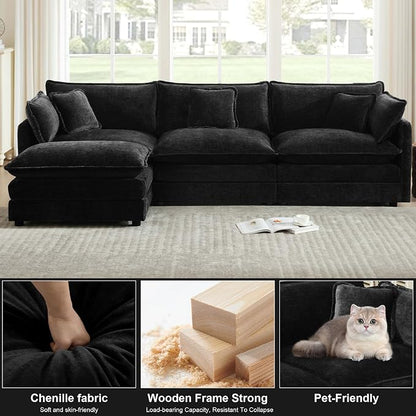 111.5" Modular Sectional Sofa, Large L Shaped Sectionals Cloud Couch, Big Comfy 3-Seat Couch with Ottoman, 4 Seater Chenille Sectional Sofa with Deep Seat and 5 Pillows for Living Room- Black