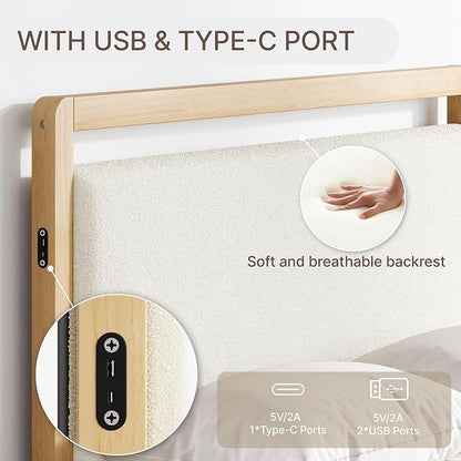 KISLOT Wood Bed Frame with Headboard and Footboard, Mattress Foundation with USB Charging Strong Wooden Slat Support Noise-Free Easy Assembly No Box Spring Needed