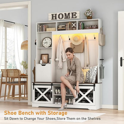 75''H 59''W Large LED Farmhouse Hall Tree with Bench and Shoe Storage,Entryway Bench with Coat Rack,16 Shoe Cubbies & Umbrella Holder and Sock Storage Drawer,Mudroom/Hallway Storages Cabinet(white )