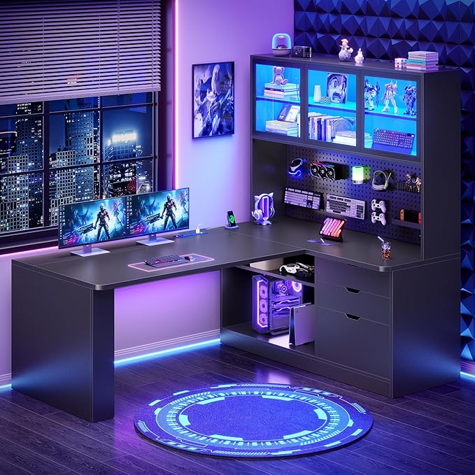 SEDETA L Shaped Computer Desk, L Shaped Corner Gaming Desk with 3 Wood Drawer and Large Bookshelf, Home Office Desk with LED Light, Display Cabinet and Pegboard, 27.5" W Large Desktop Table, Black