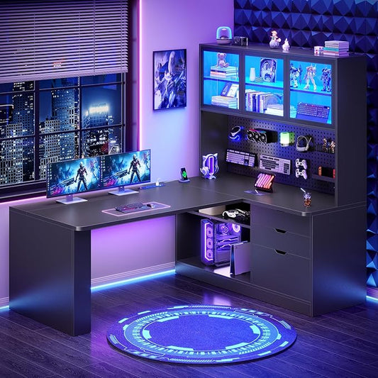 SEDETA L Shaped Computer Desk, L Shaped Corner Gaming Desk with 3 Wood Drawer and Large Bookshelf, Home Office Desk with LED Light, Display Cabinet and Pegboard, 27.5" W Large Desktop Table, Black