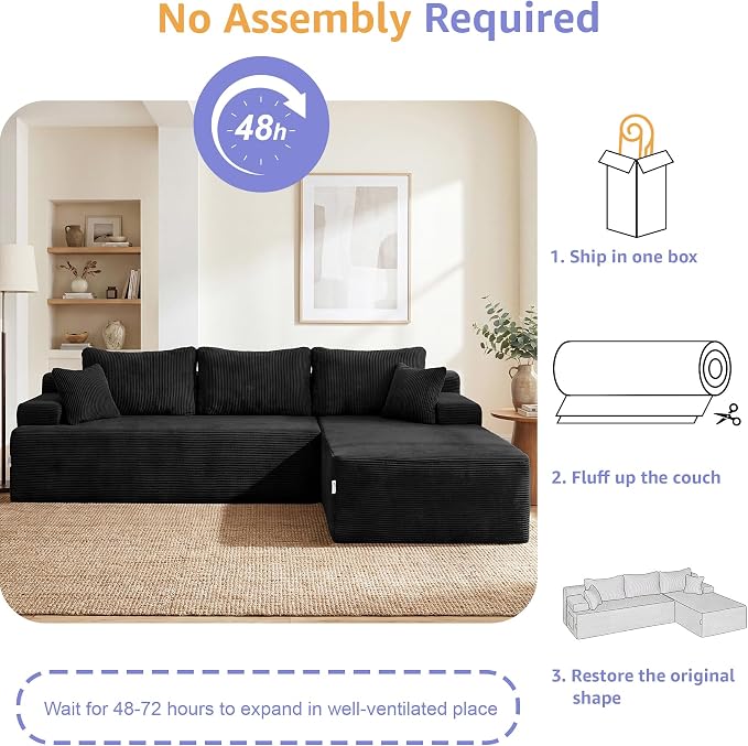Hobestluk Modular Sectional Sofa Couches L-Shape Couch 3 Seat Modular Sofa Memory Foam Sectional Couches for Living Room, Cloud Couch with Oversized Chaise (Black Corduroy, 96", Right Hand Facing)