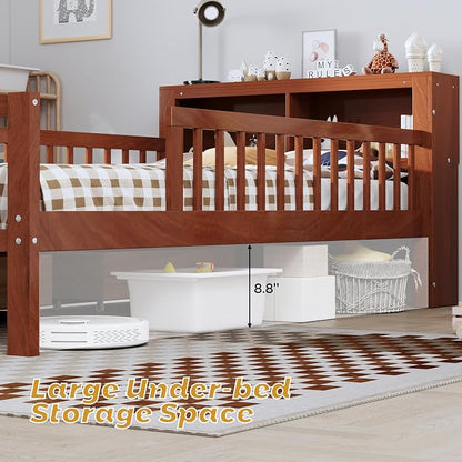 Kids Twin Size Bed Frame with Storage Drawers and Bookcase,Wood Twin Bed Frames for Kids,Twin Bed Frame with Headboard and Footboard for Boys Girls,No Box Spring Needed,Walnut