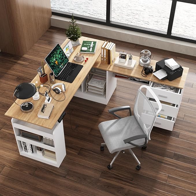 MOUMON L Shaped Standing Desk with Drawers and Shelves, Executive Adjustable Height Desk, L-Shaped Design, 63 inch Tabletop, for Office Oak and White (63”W x 63”D x 28.9-45.3”H)