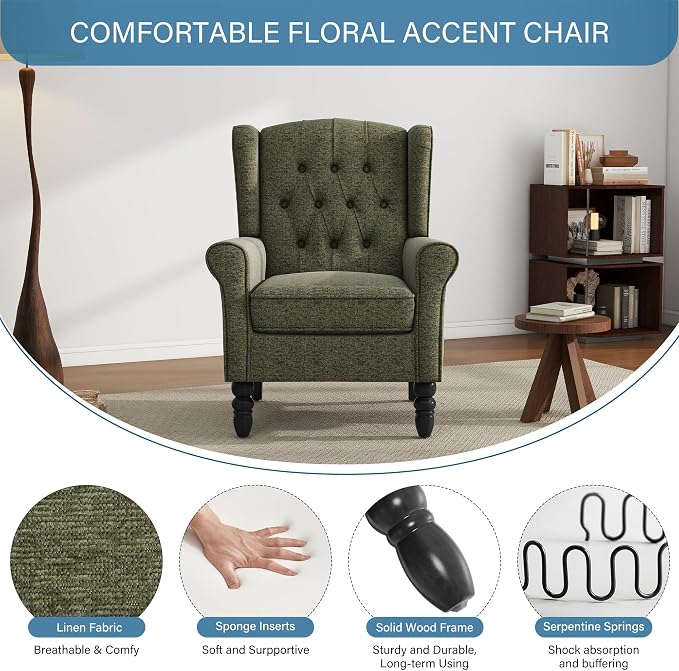 High Back Accent Chair, Fabric Upholstered Armchair Wingback Chair for Living Room, Comfy Single Sofa Solid Wood Legs Bedroom Side Reading Seat - Olive Green