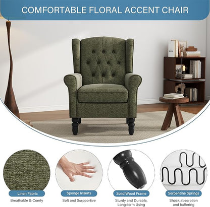 High Back Accent Chair, Fabric Upholstered Armchair Wingback Chair for Living Room, Comfy Single Sofa Solid Wood Legs Bedroom Side Reading Seat - Olive Green