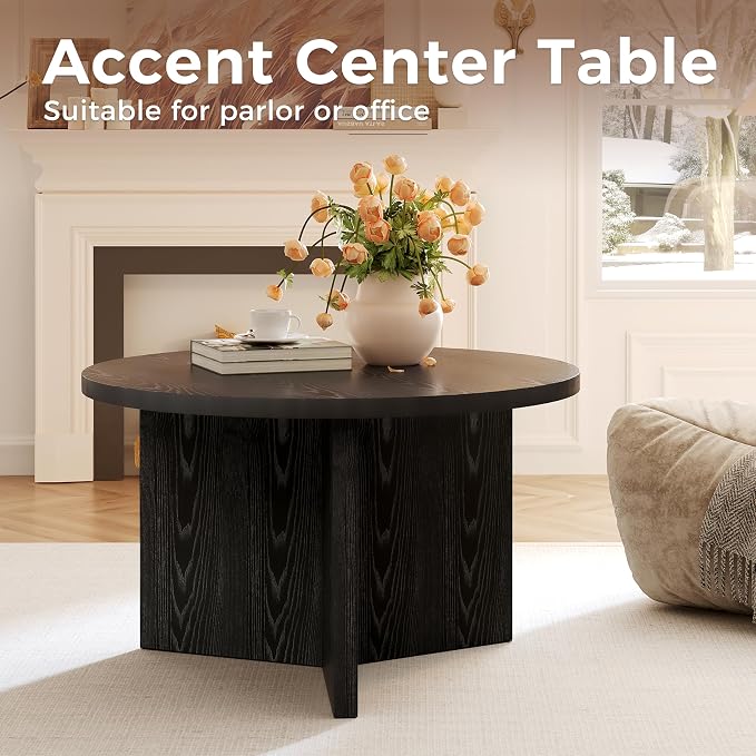 Luoxiao Round Black Coffee Table, Modern End Tables for Living Room, 27.5" | Space-saving, Triangle Base w/ Anti Slip Feet for Stability, Circular Accent Table for Small Spaces, Apartment, Easy Assembly