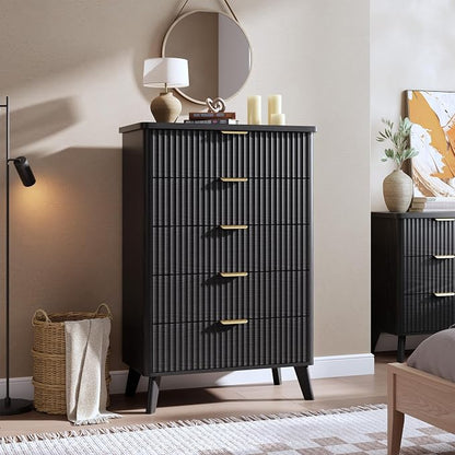 GarveeHome Fluted Dresser for Bedroom with 5 Deep Drawers, 47.2 in Tall Chest of Drawers, Curved Profile Design, Modern Wooden Dresser, for Living Room, Kids Room, Hallway, Black