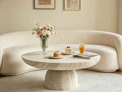 35.43" Round Marble Coffee Table, Modern Pedestal Coffee Table Faux Stone Drum Center Table with Base, Accent Concrete Side End Table for Living Room Apartment Home Office
