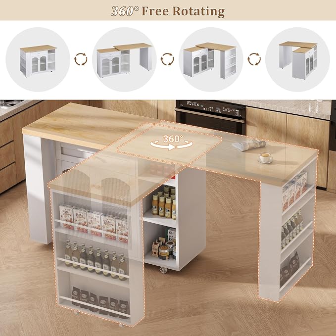 LYNCOHOME 71.1" Rolling Kitchen Island with 360° Rotating Tabletop, Mobile Lockable Wheels & Adjustable Shelves, Multifunctional Storage Cart for Kitchen & Dining（White）