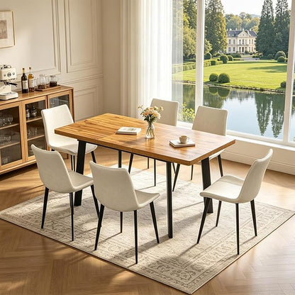 Extendable Dining Table Set for 4 to 8 People, 47.2" to 63" Modern Kitchen Table Set with 6 Leather Chairs, MDF Dining Room Table and Chairs with Removable Extension Leaf (Walnut Table+White Chairs)