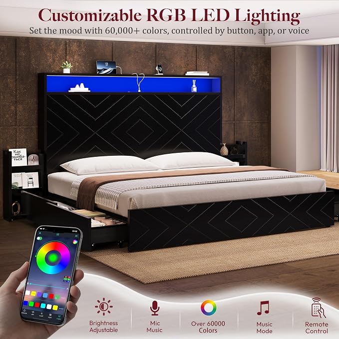 King Size Bed Frame with 2 Bedside Stoage Racks & 4 Locking Drawers, 51.18" Tall Headboard with Charging Station & RGB LED Lights, Farmehouse Platform Bed Frame, No Box Spring Needed, Black