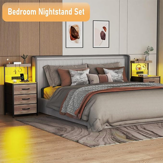 SZLHANJZ Night Stand Set 2 with LED Lights for Bedroom, Bedside Nightstands with Power Outlet and Type C Port, Matching Tables with 3 Fabric Drawers, Hooks, and Shelves, Greige