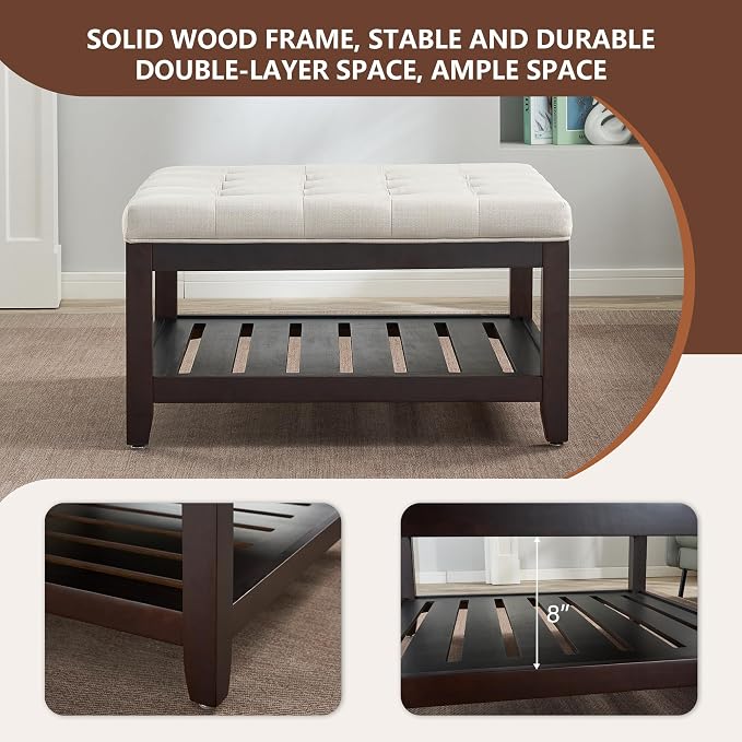 adochr 33'' Large Square Ottoman Coffee Table with Storage, Upholstered Button Tufted Footrest Ottoman with Solid Wooden Tray,Coffee Table for Living Room, Beige