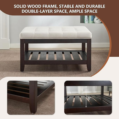 adochr 33'' Large Square Ottoman Coffee Table with Storage, Upholstered Button Tufted Footrest Ottoman with Solid Wooden Tray,Coffee Table for Living Room, Beige