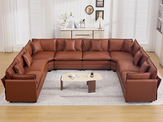 147'' Oversized U Shaped Cloud Sectional Sofa, Leather Deep Seat Couches for Living Room, Comfy Upholstered Modular Sectional Sofa Couch, Leather Brown