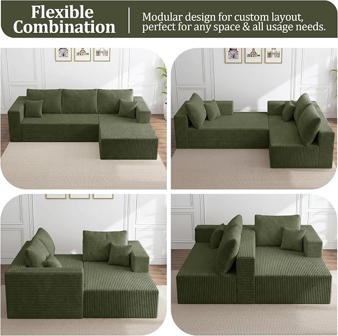 92.5" Modular Sectional Sofa, L-Shape Cloud Couch with Deep Seats & Chaise, 4-in-1 Covertible Corduroy Boneless Couches for Living Room,Bedroom,No Need Assembly - Green(Right Facing Chaise)