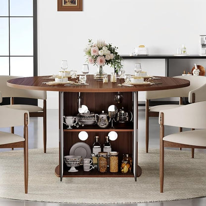 IBF 47" Round Dining Table for 4-6, Circle Kitchen Table with Storage Shelf, Circular Dining Room Tables with Fridge Space, Wood Dinner Tables for Home Kitchen, Walnut (Only Table)