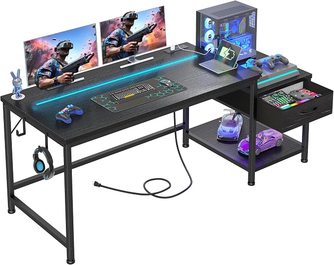 56 Inch Gaming Desk with Printer Shelf and LED Lights,Reversible Computer Desk with Drawers and Power Outlets,Study Table with Hooks for Headphone,Bags,Gamer Desk Work Desk for Teen Bedroom,Dorm