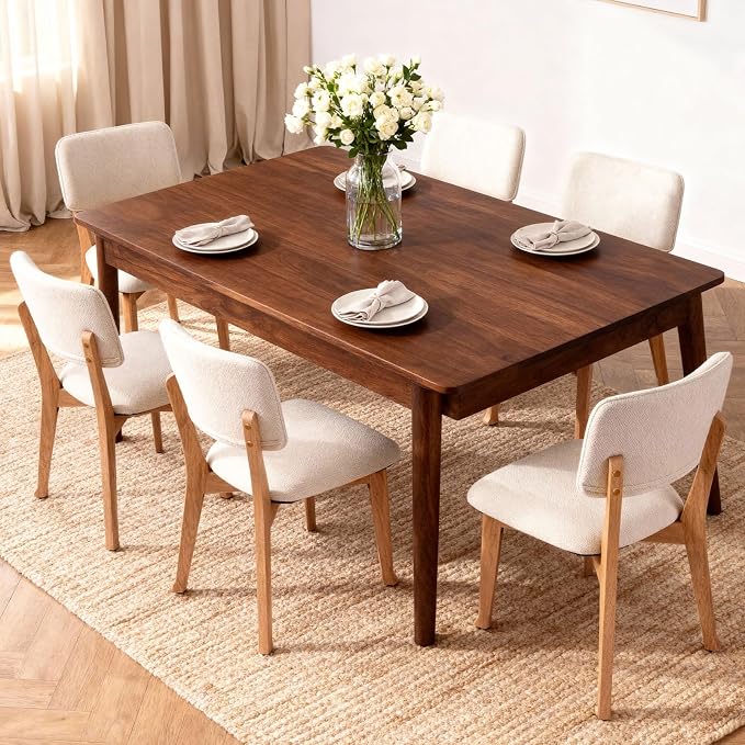 Wooden Dining Chairs Set of 6, Mid Century Modern Kitchen Chairs with Fabric Upholstered and Curved Backrest for Dining Room, Restaurant/Cafe, 300LBS Capacity, Natural