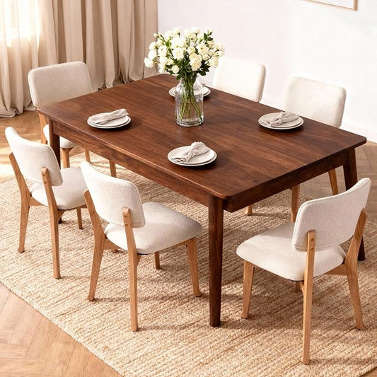 Wooden Dining Chairs Set of 6, Mid Century Modern Kitchen Chairs with Fabric Upholstered and Curved Backrest for Dining Room, Restaurant/Cafe, 300LBS Capacity, Natural