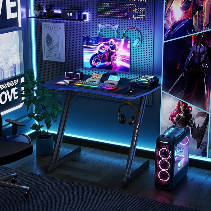 BestOffice Gaming Desk 35 in PC Computer Desk Z Shaped Gaming Workstation Ergonomic Gaming Table with Headphone Hook for Home Office,Black&Blue