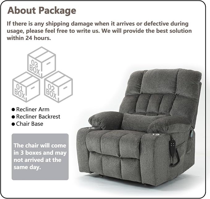 JIKFRIMA Power Lift Recliner Chair for Elderly, Dual Motor Lift Chair with Heat and Massage, Lay Flat Lift Chair for Adults, Cup Holders, Lumbar Pillow, Chenille,Dark Grey