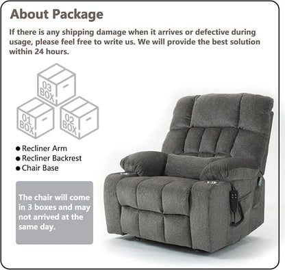 JIKFRIMA Power Lift Recliner Chair for Elderly, Dual Motor Lift Chair with Heat and Massage, Lay Flat Lift Chair for Adults, Cup Holders, Lumbar Pillow, Chenille,Dark Grey