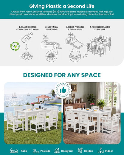 SERWALL HDPE Dining Set for 8: 2 Umbrella Hole Tables + 8 Chairs. for Garden, Backyard, Poolside. White