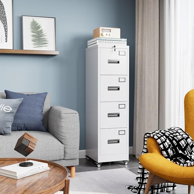 Garvee 4-Drawer White Metal File Cabinet with Individual Locks, Heavy-Duty Steel Vertical Filing Cabinet for A4, Letter & Legal Size Documents, Locking Storage Cabinet for Home Office & School