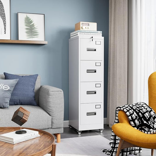 Garvee 4-Drawer White Metal File Cabinet with Individual Locks, Heavy-Duty Steel Vertical Filing Cabinet for A4, Letter & Legal Size Documents, Locking Storage Cabinet for Home Office & School