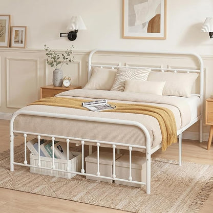 VECELO Classic White Victorian Style Metal Bed Frame with Headboard and Footboard Under Bed Storage No Box Spring Needed Strong Slat Suppor Bed Frame Full Size