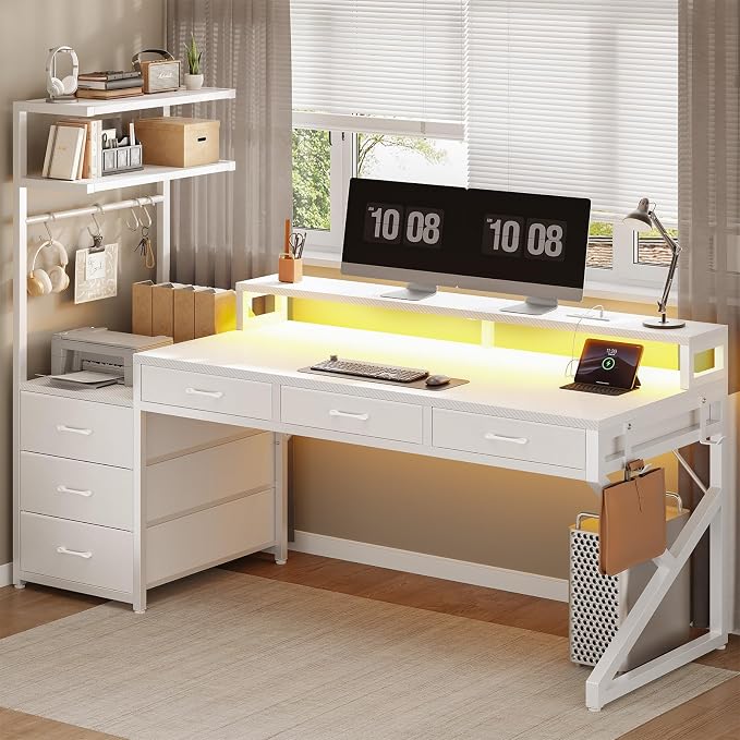 SEDETA 55" Gaming Desk with 6 Drawers, Corner Gaming Desk with Storage & LED Lights, Reversible PC Desk with Power Outlet, Corner Computer Desk with Hutch, Monitor Stand, Side Hook, Carbon Fiber White