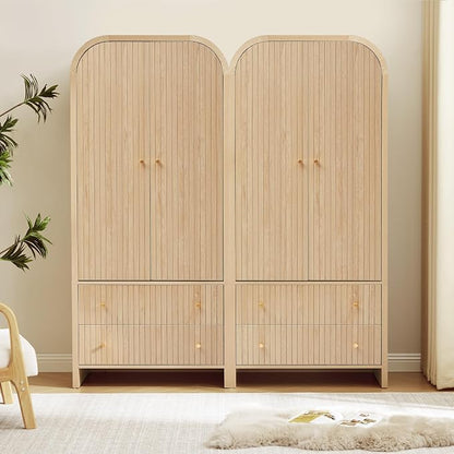 LEVNARY Arched Armoire Wardrobe Closet, Mid-Century Modern 2-Door Freestanding Wardrobe with Hanging Rod and 2 Drawers, Fluted Carved Clothing Storage Cabinet for Bedroom (Natural)