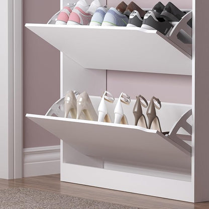 BORNOON Shoe Cabinet with 3 Flip Drawers & Coat Rack, Narrow Hidden Shoe Storage Cabinet, 2-in-1 Hall Tree Slim Freestanding Shoe Rack Organizer for Entryway, Hallway, and Living Room