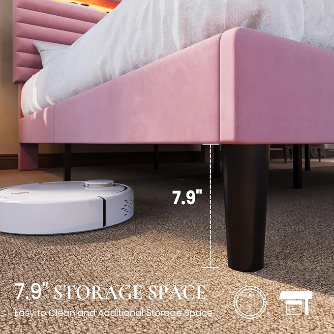 SHA CERLIN Full Bed Frame with LED Light & 2-Tier Storage Shelf, Velvet Upholstered Adjustable Headboard with Charing Station, Horizontal Channel Tufted, No Box Spring Needed, Easy Assembly, Pink