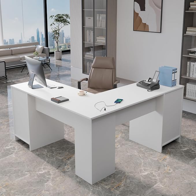 MU L Shaped Desk with File Cabinet, Corner Computer Desk with Storage Drawers, Large Home Office Table with Power Outlets, 60 Inch (White)
