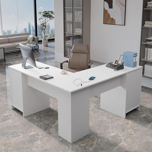 MU L Shaped Desk with File Cabinet, Corner Computer Desk with Storage Drawers, Large Home Office Table with Power Outlets, 60 Inch (White)